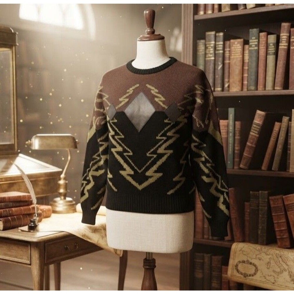 VTG 90s Chartwell Aztec Geometric Sweater Women's M Leather Trim Dark Academia